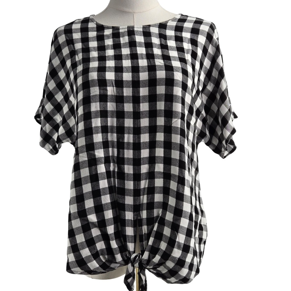 Madewell Blouse Womens M Black Gingham Tie Front Button Back Relaxed Lightweight